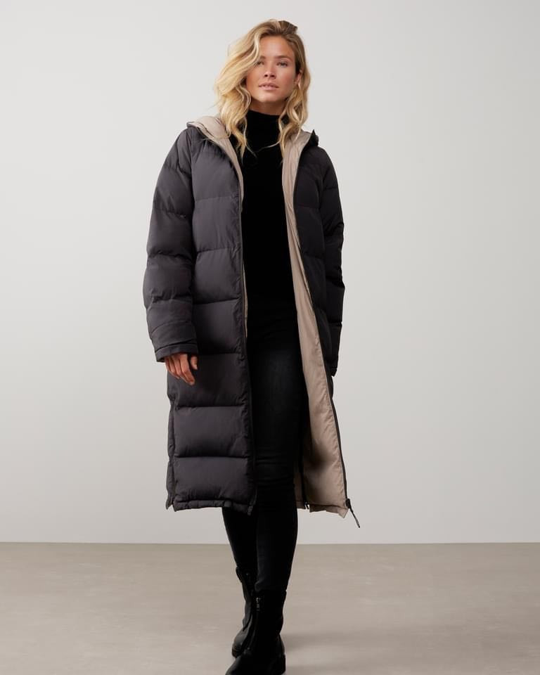 YAYA lang vendbar pufferjakke i sand og grå